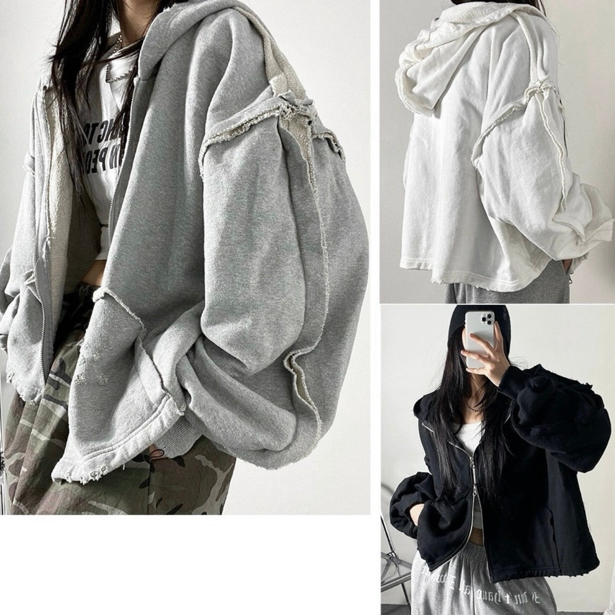 [unisex]磨爛邊雙拉鍊連帽衛衣
