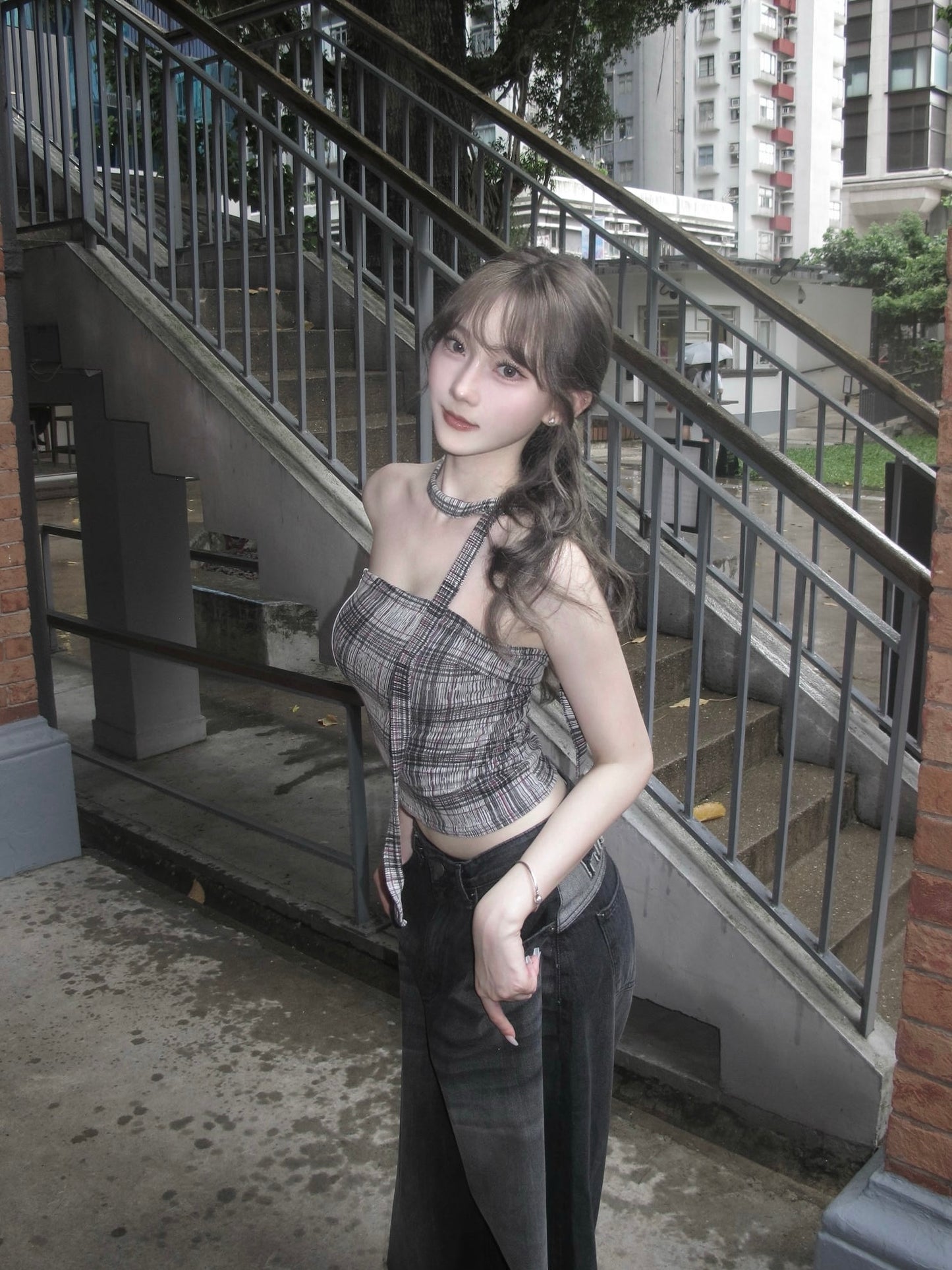 Checker print tube top with muffler
