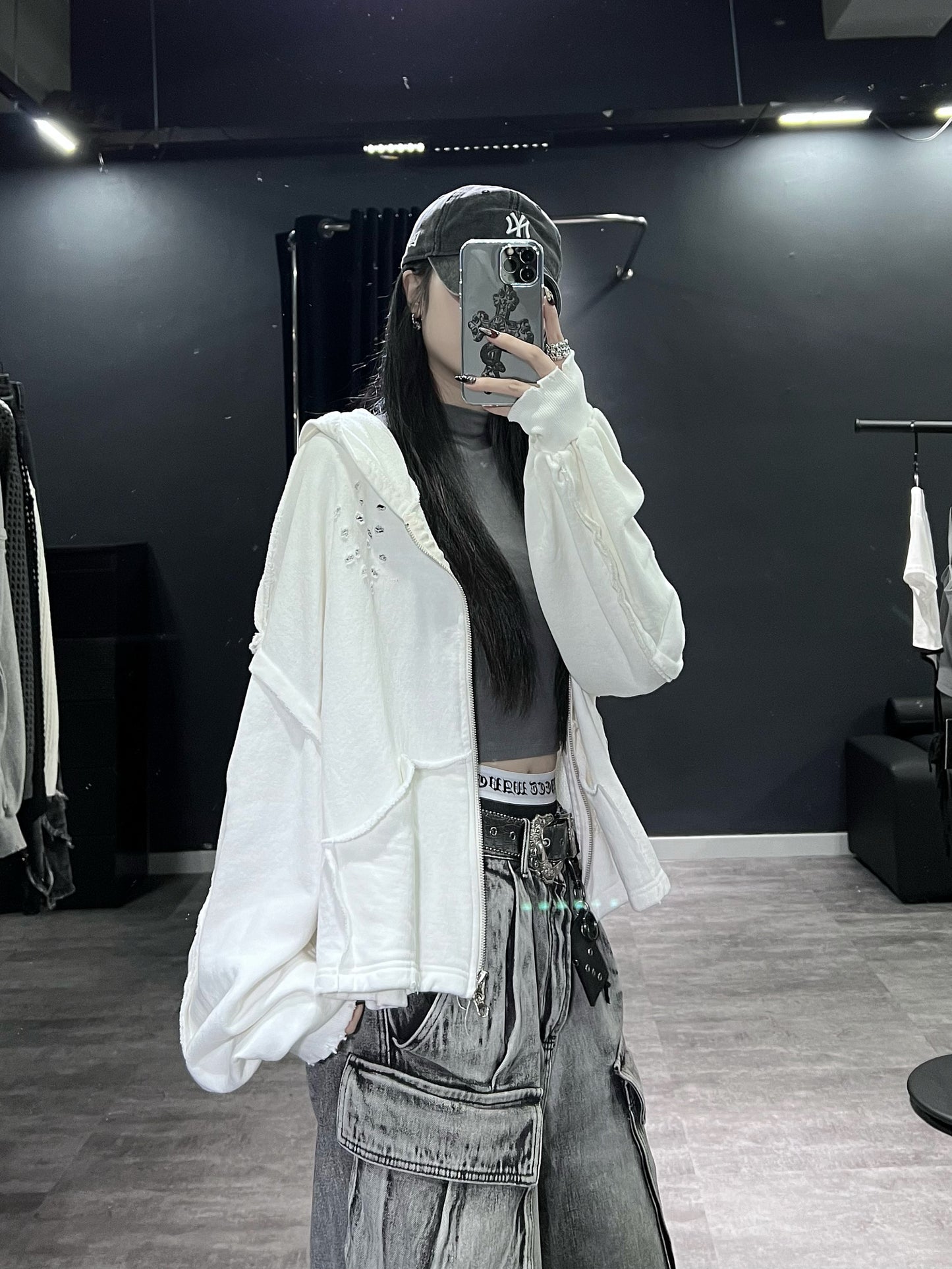 [unisex]磨爛邊雙拉鍊連帽衛衣