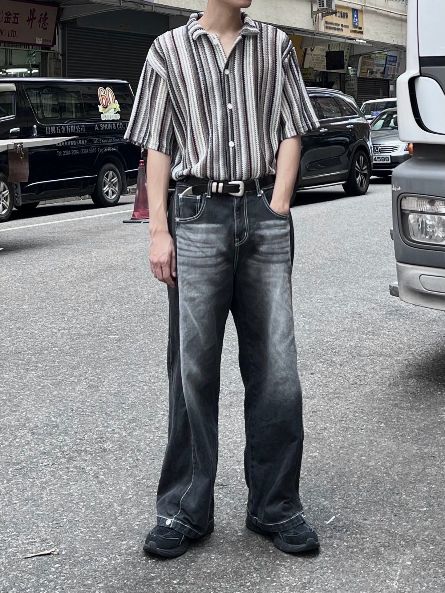 [unisex] 明線洗水啪鈕牛仔褲