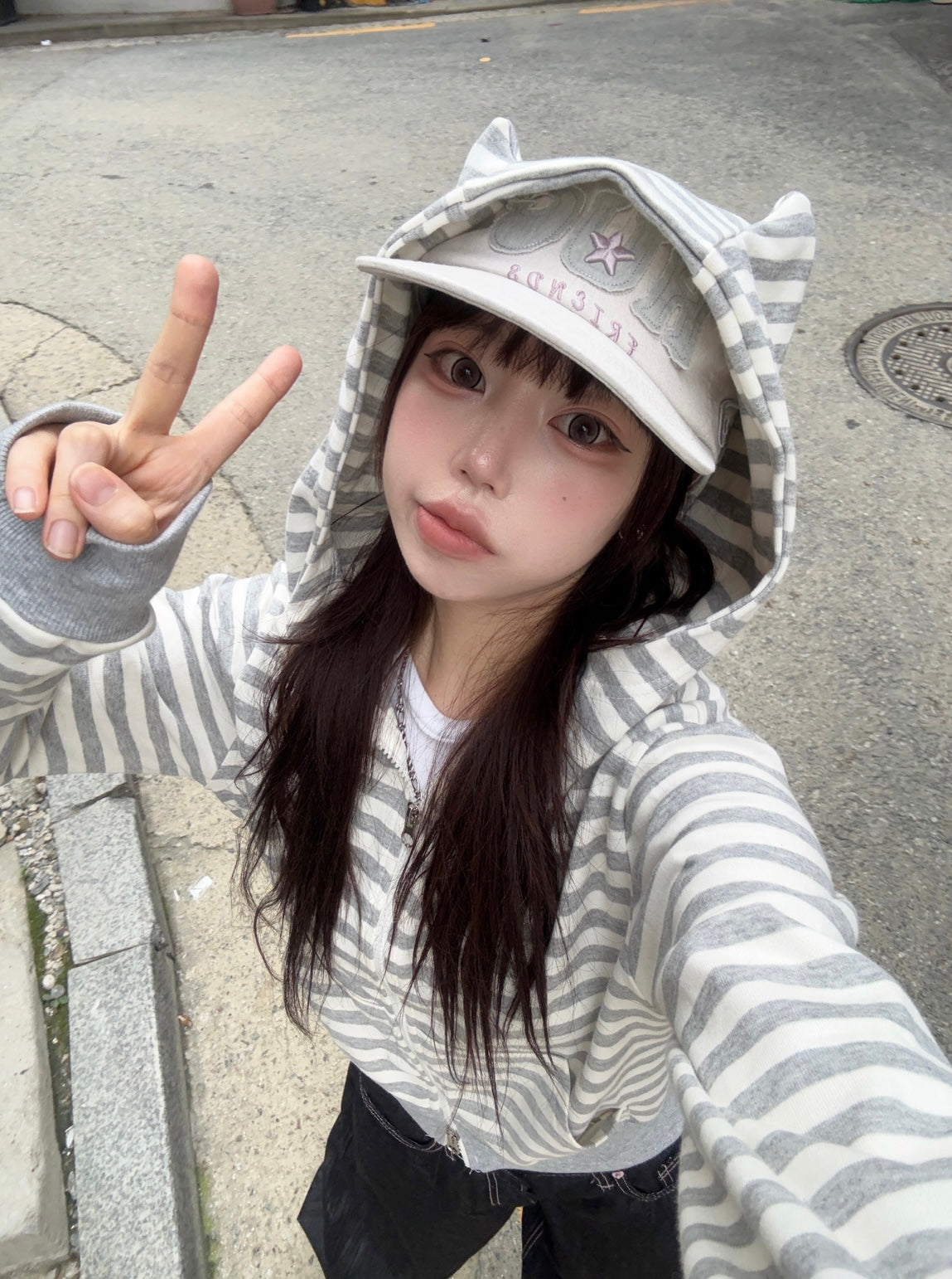 Cat ear stripe crop hoodie