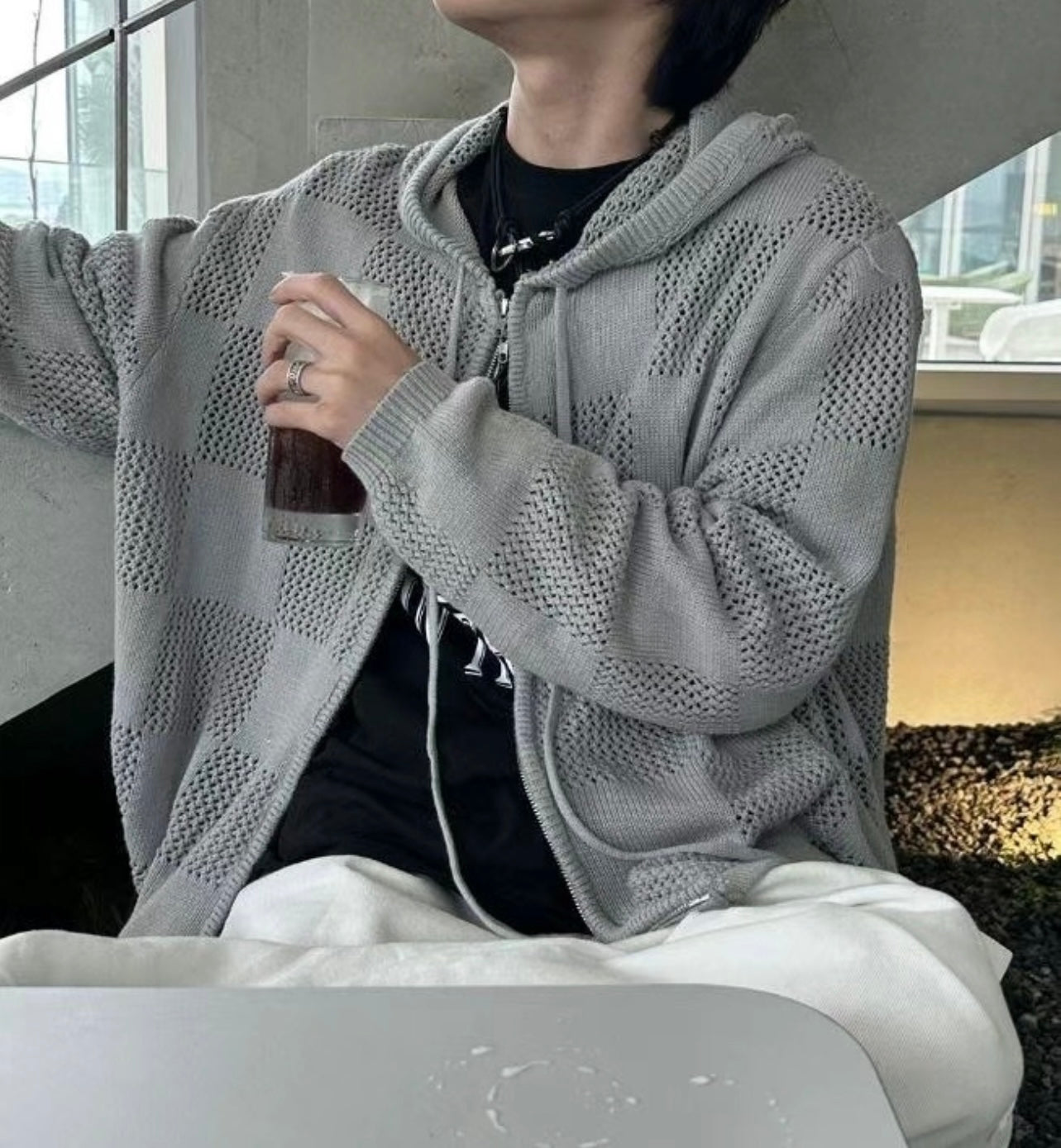 [unisex] Chess pattern knit zipup hoodie