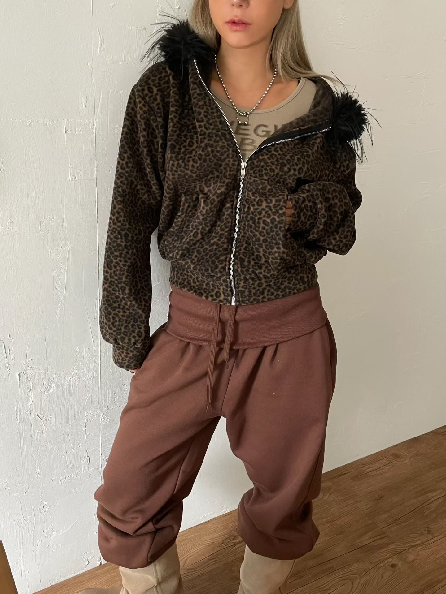 ‘AH AH’ leopard fur hoodie zip up