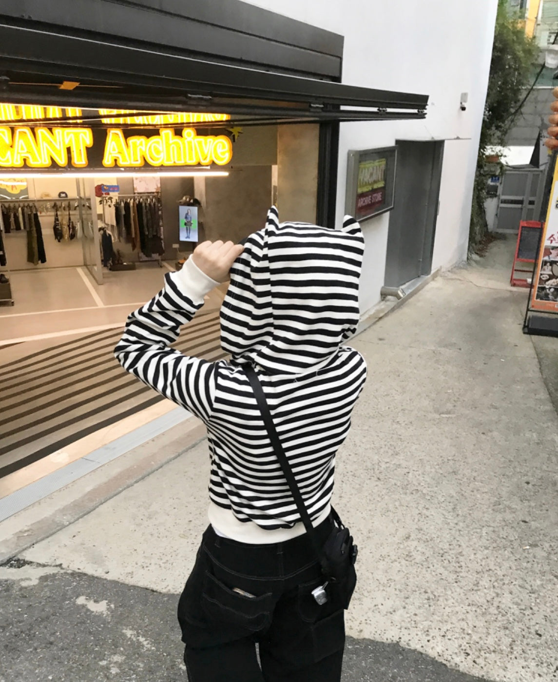 Cat ear stripe crop hoodie
