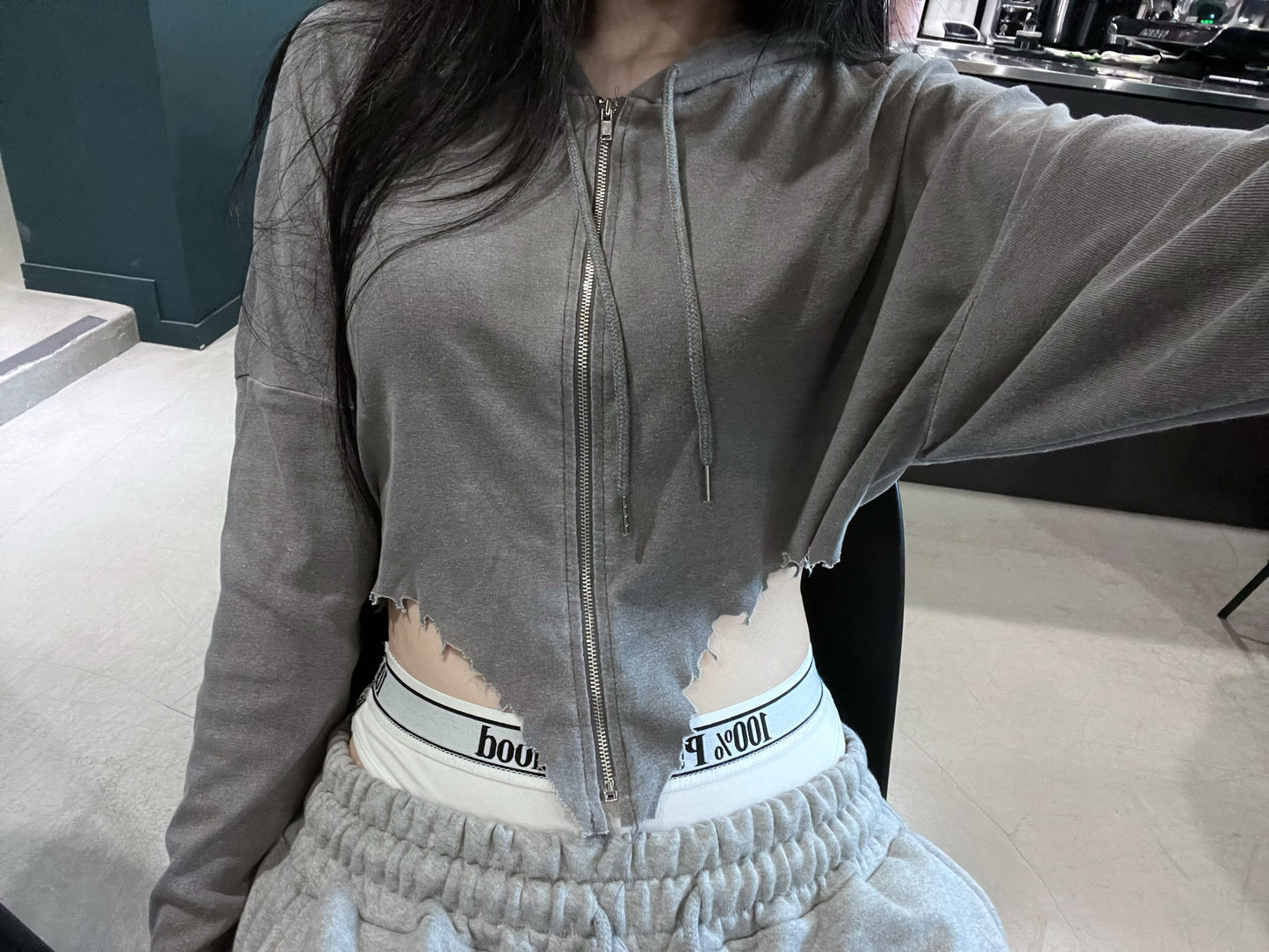 ‘What u want’ cropped hoodie zip up