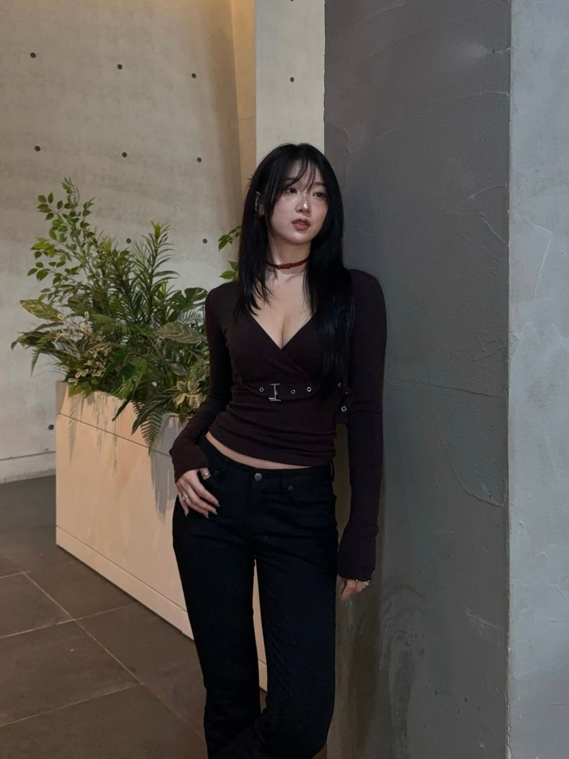 V neck with belt long sleeve