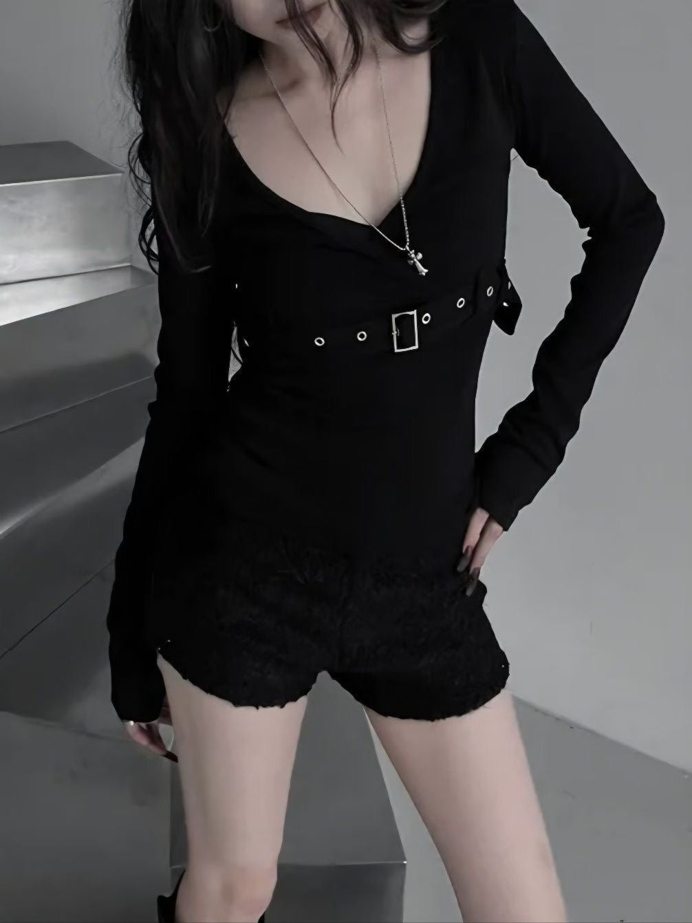V neck with belt long sleeve