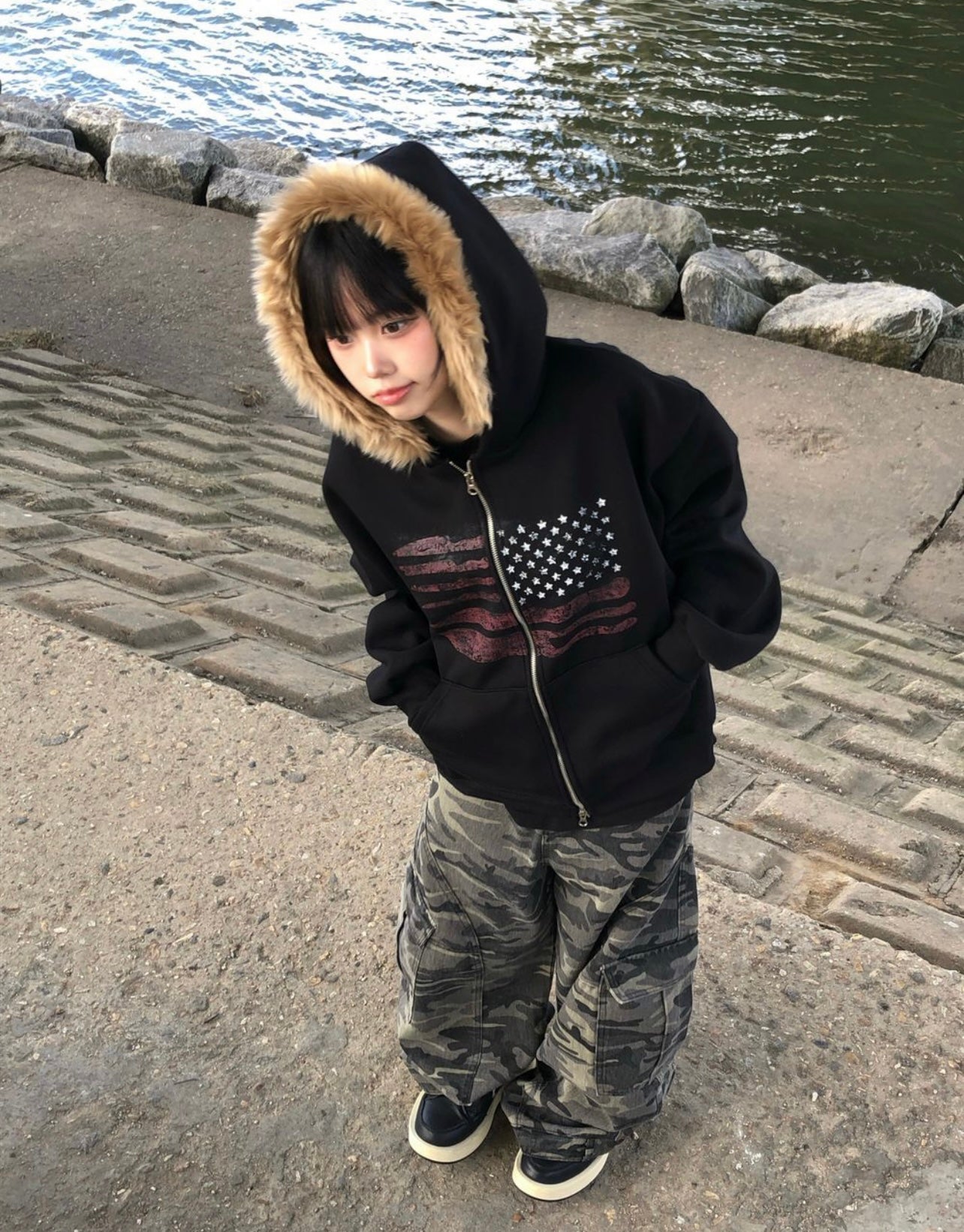 [unisex] American flag fur hoodie zip up