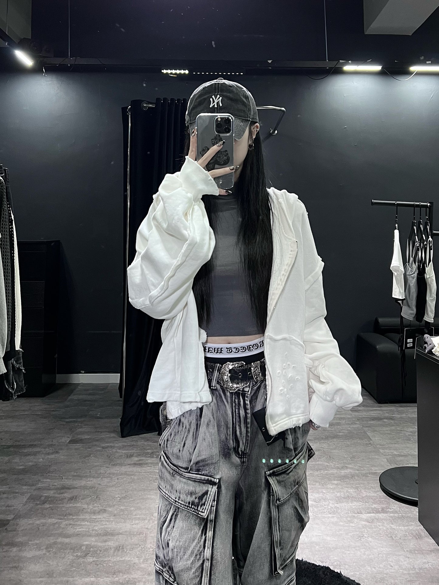 [unisex]磨爛邊雙拉鍊連帽衛衣