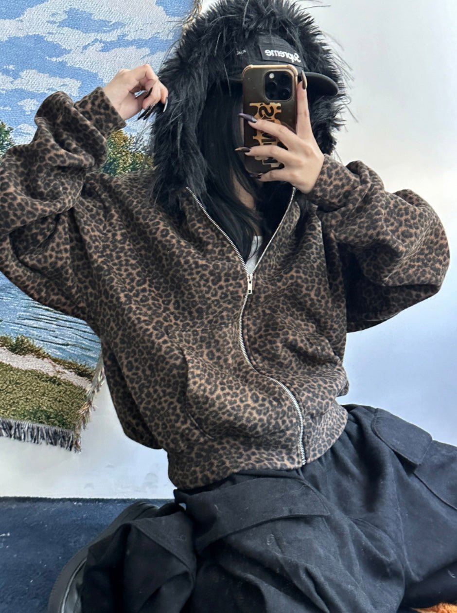‘AH AH’ leopard fur hoodie zip up