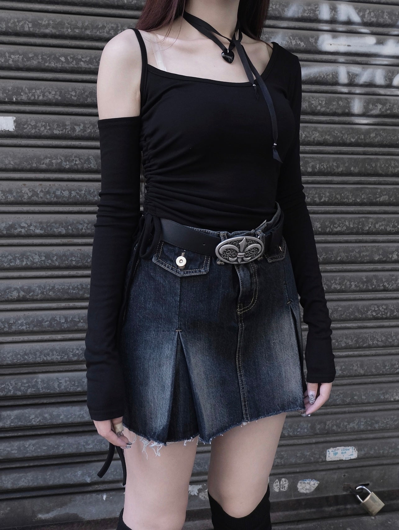 Pocket pleated denim skirt