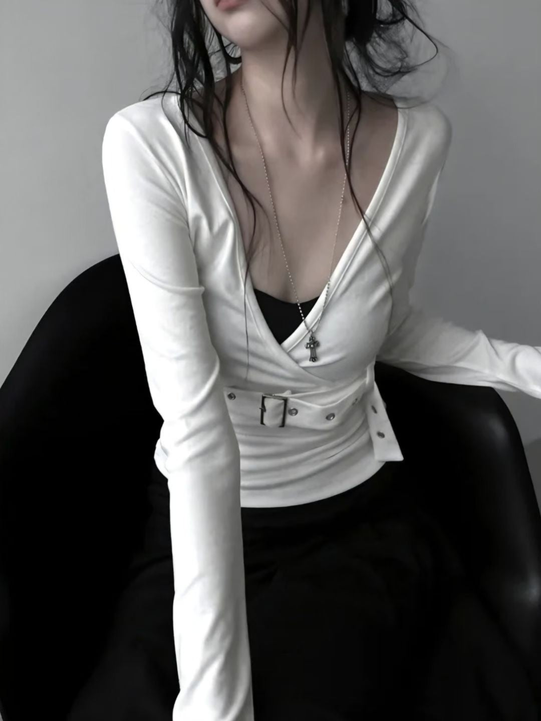 V neck with belt long sleeve