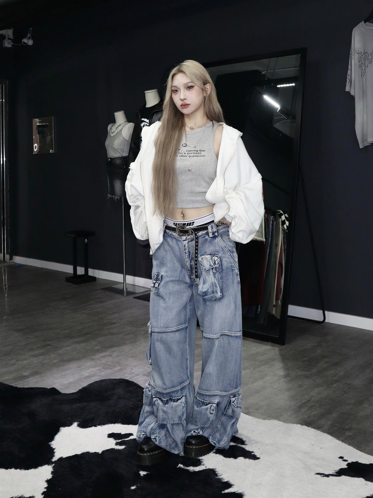 [unisex]磨爛邊雙拉鍊連帽衛衣