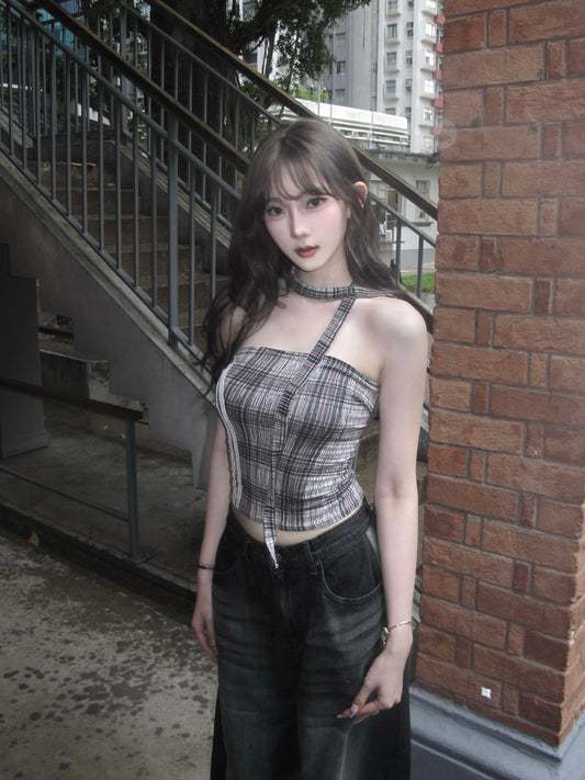 Checker print tube top with muffler