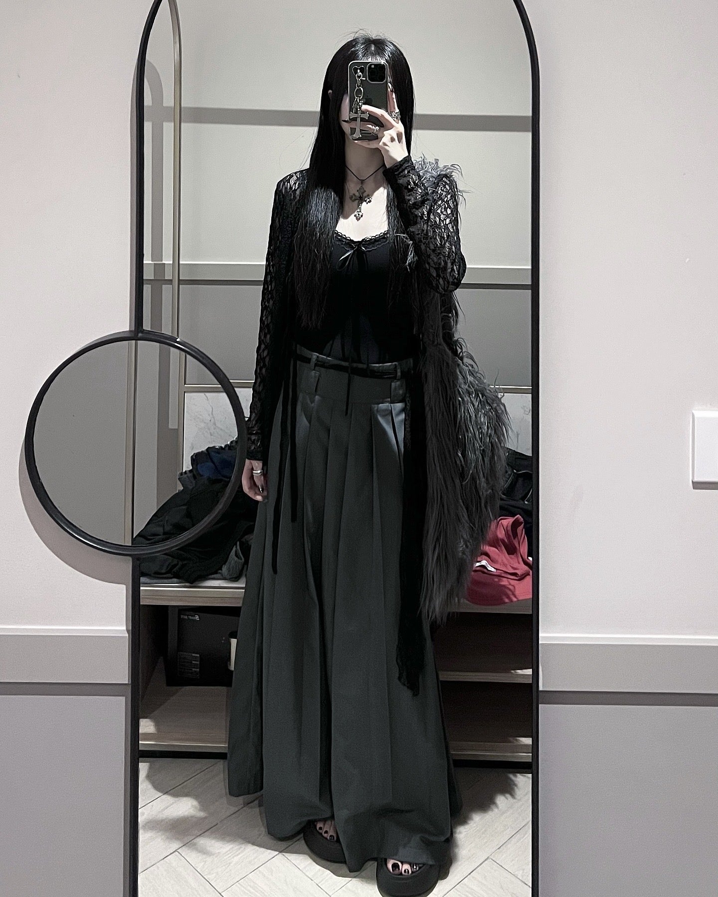 [unisex] 西裝料百摺長裙連皮帶