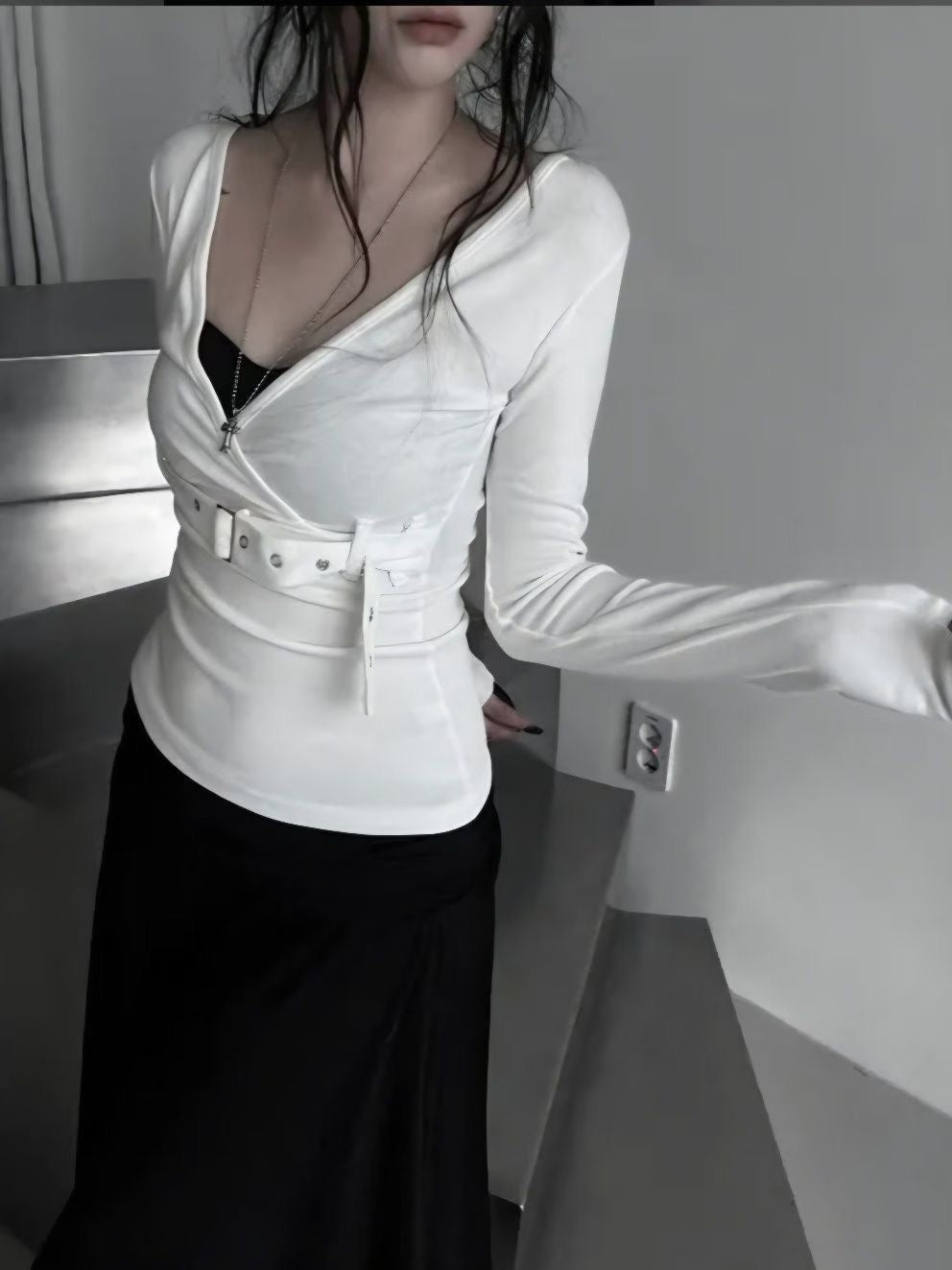V neck with belt long sleeve