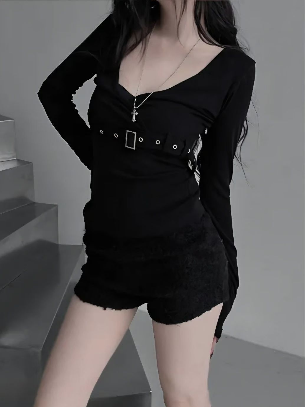 V neck with belt long sleeve