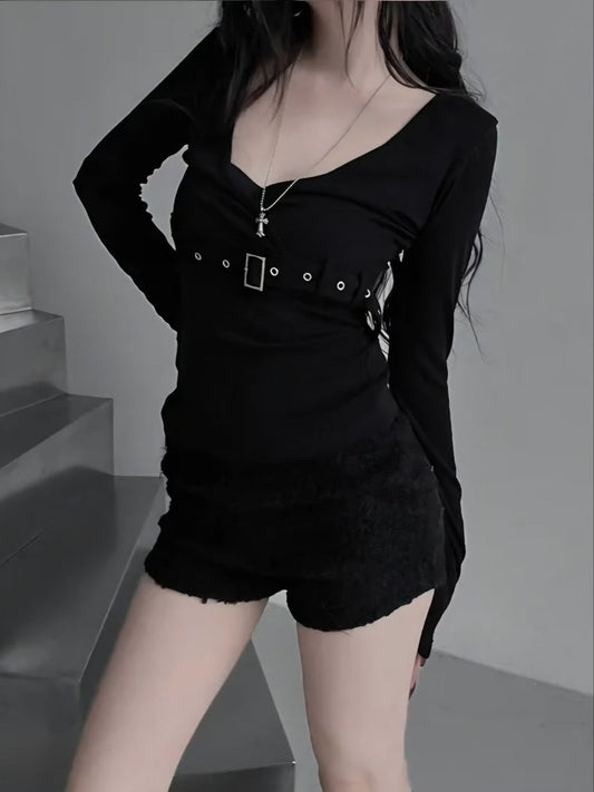 V neck with belt long sleeve