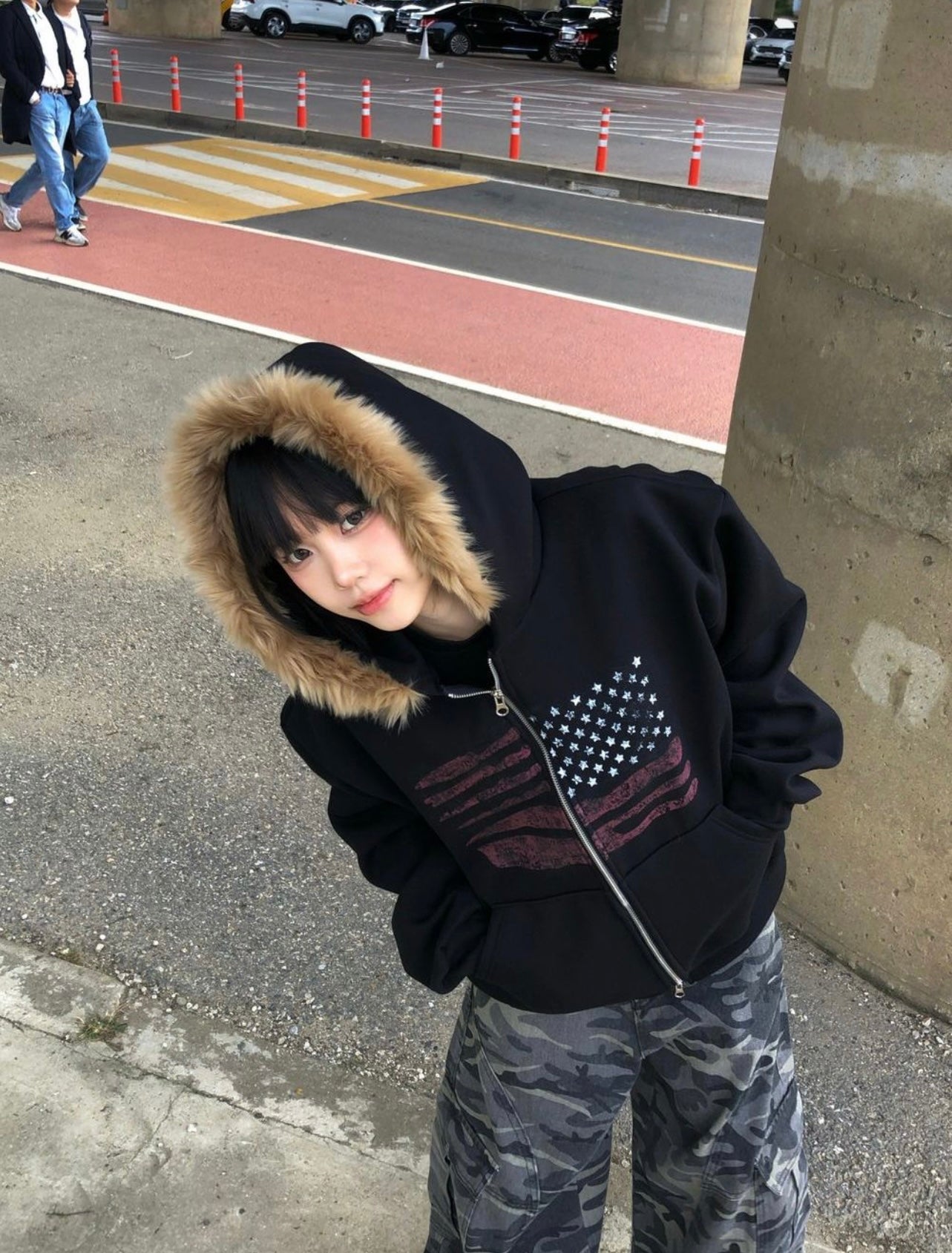 [unisex] American flag fur hoodie zip up