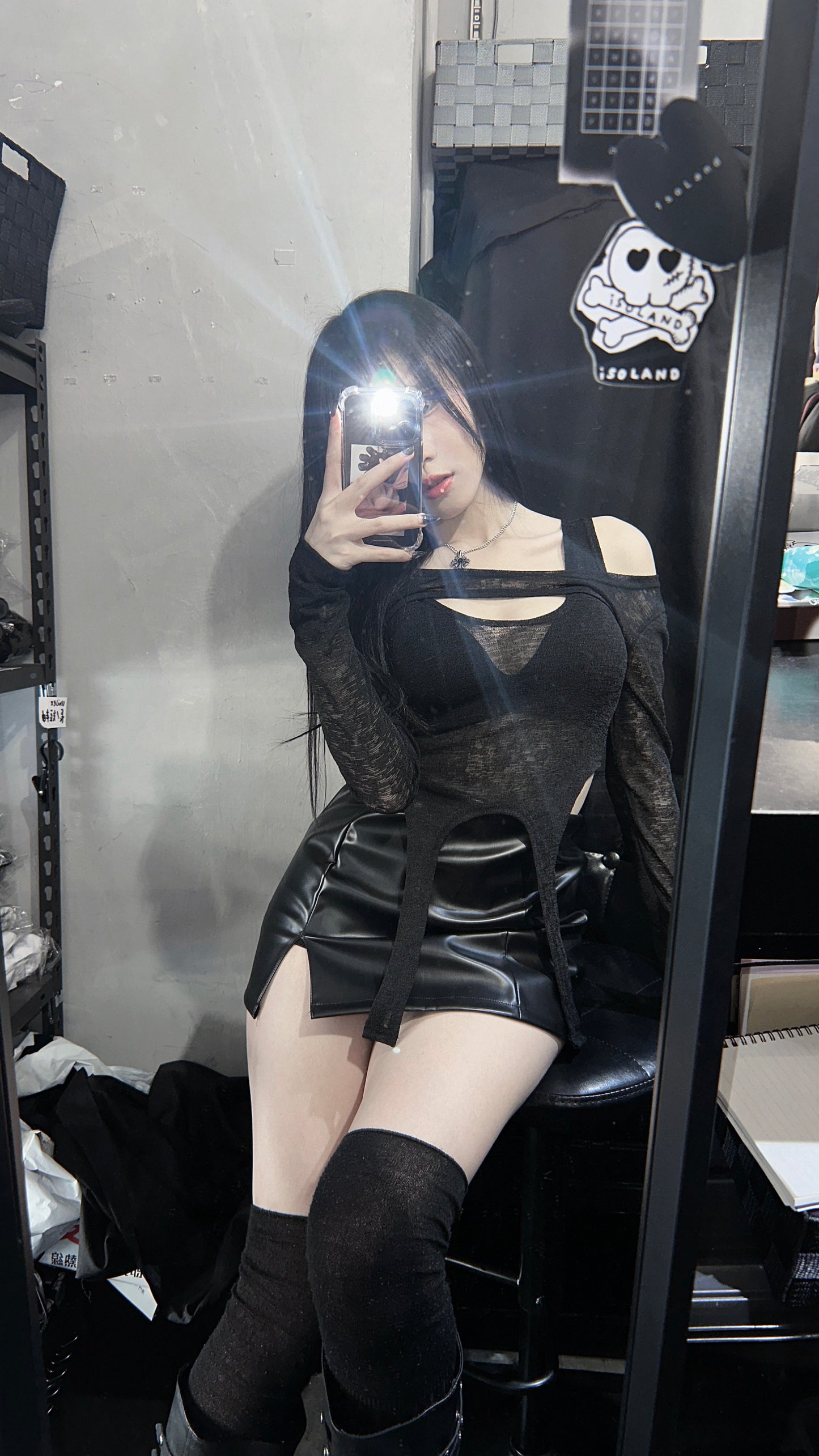 高腰小開叉皮短裙