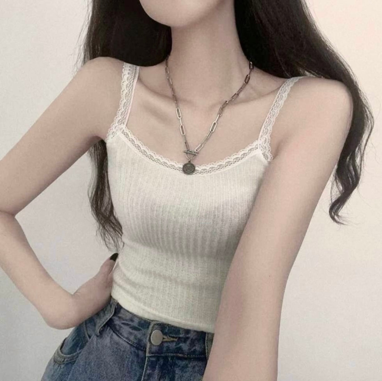 Lace邊方領背心