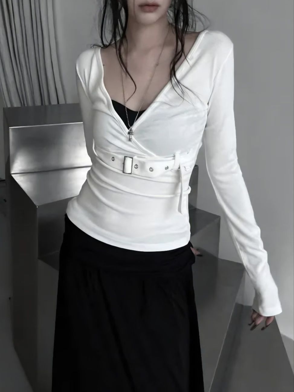 V neck with belt long sleeve