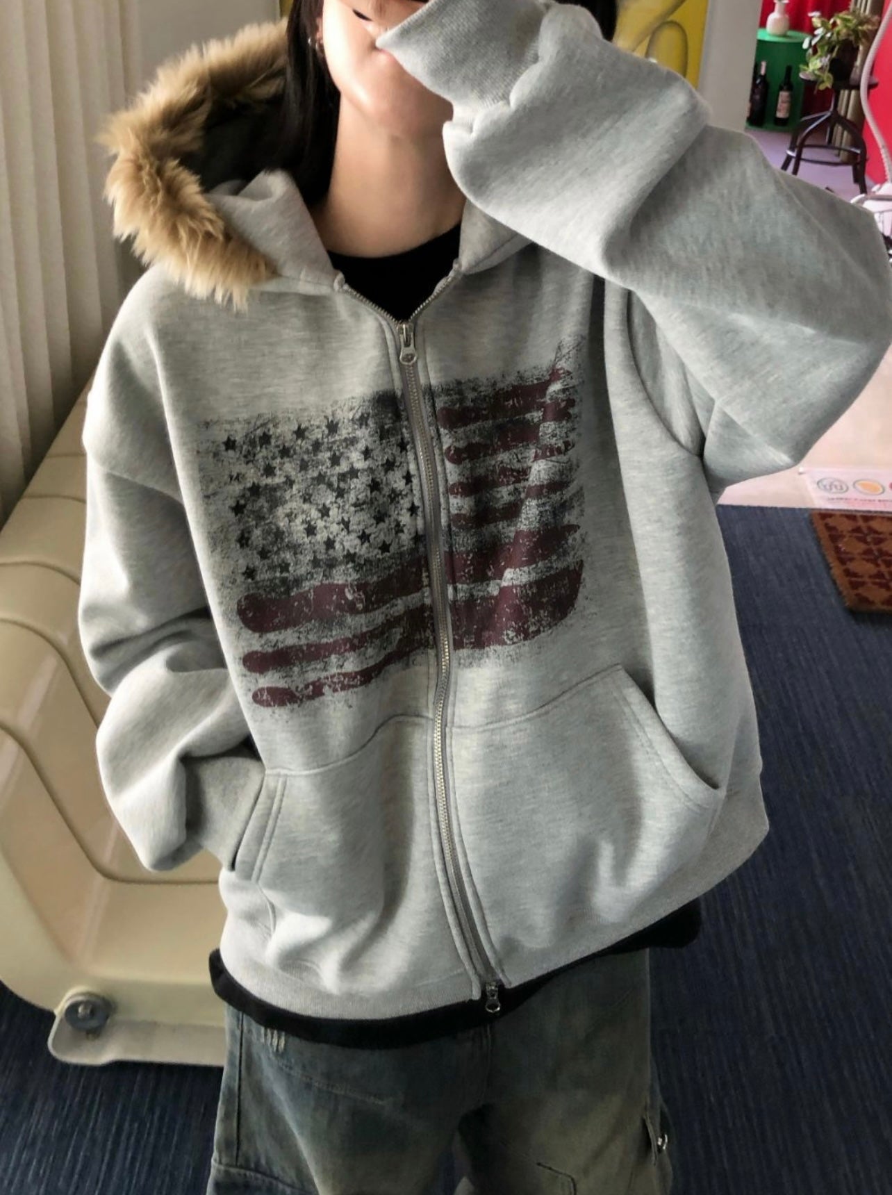 [unisex] American flag fur hoodie zip up