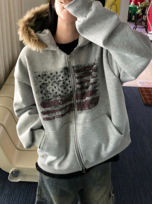 [unisex] American flag fur hoodie zip up