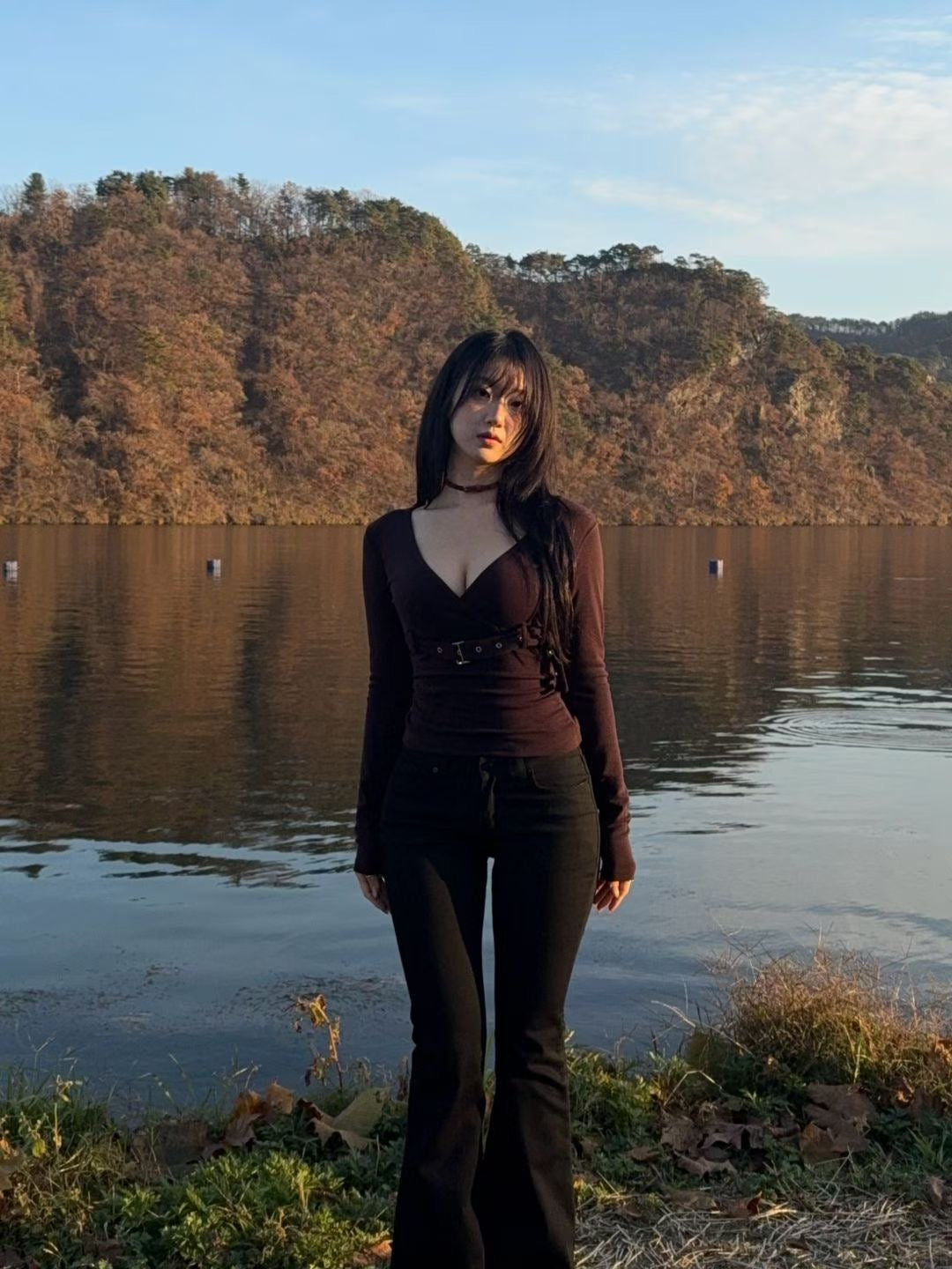 V neck with belt long sleeve