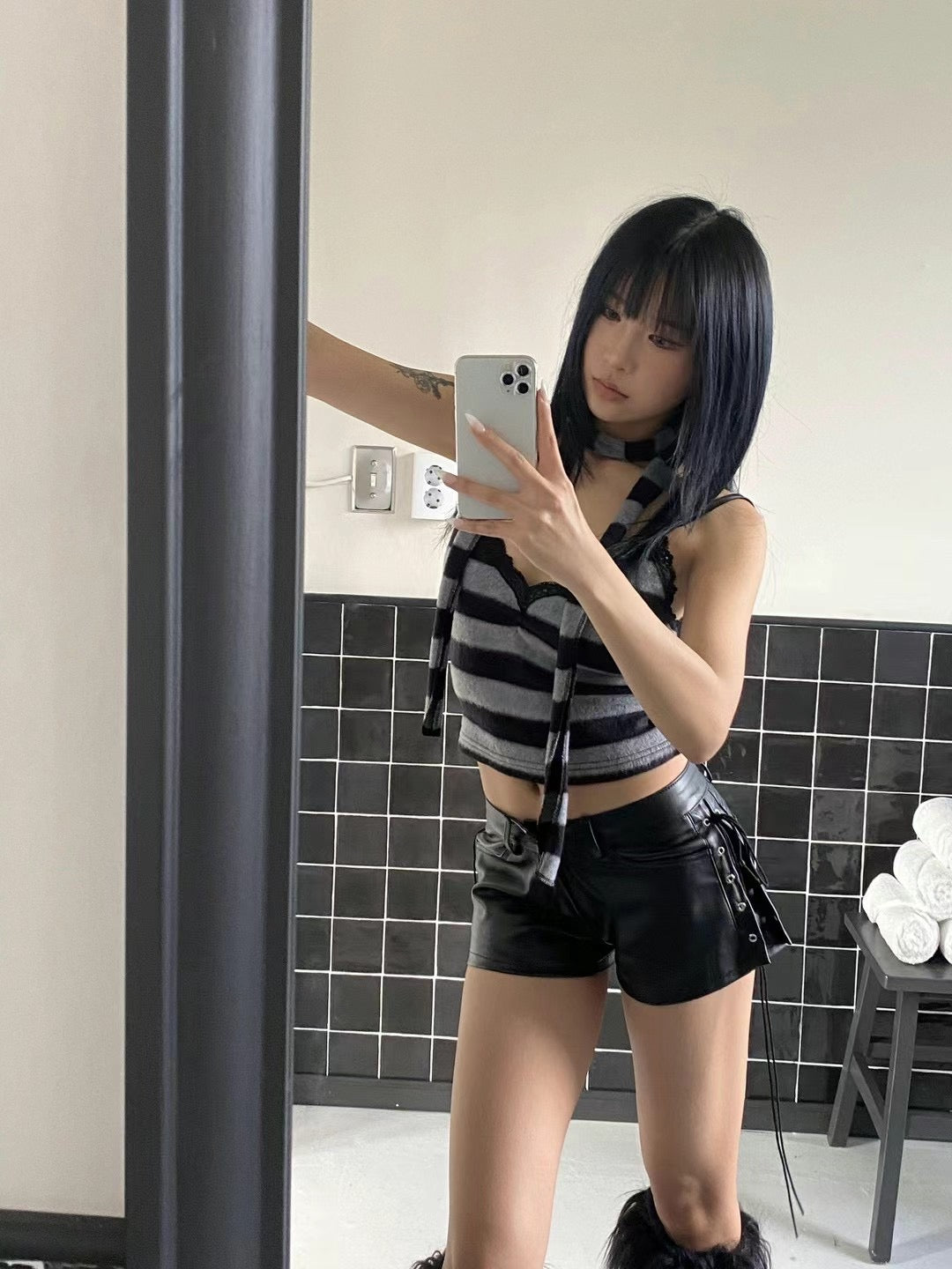 毛絨絨條紋蕾絲背心套裝