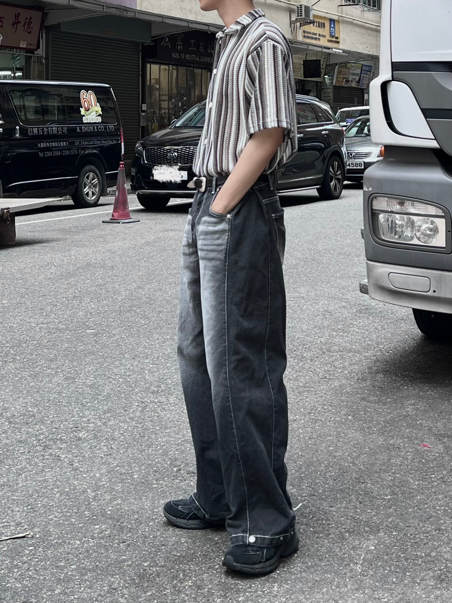 [unisex] 明線洗水啪鈕牛仔褲