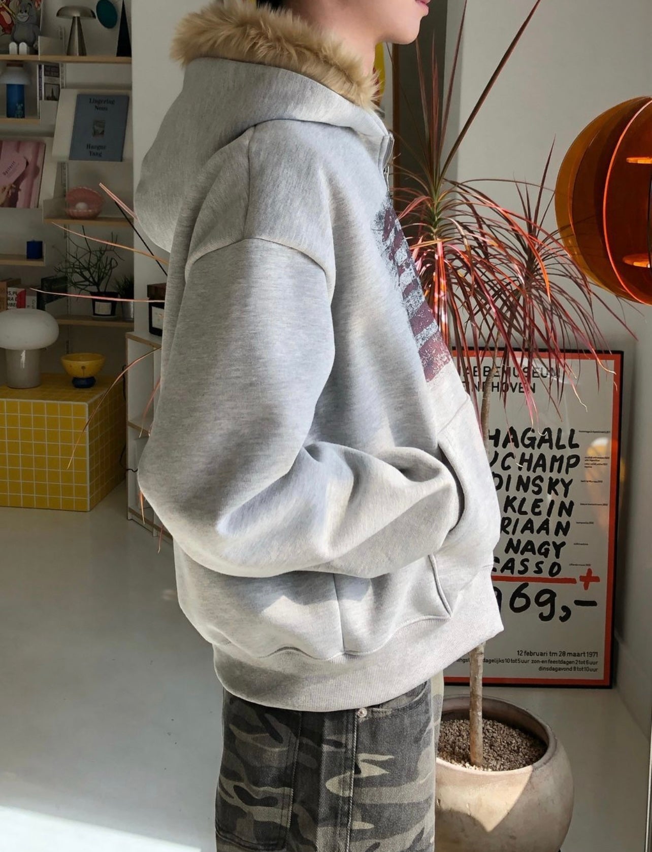 [unisex] American flag fur hoodie zip up