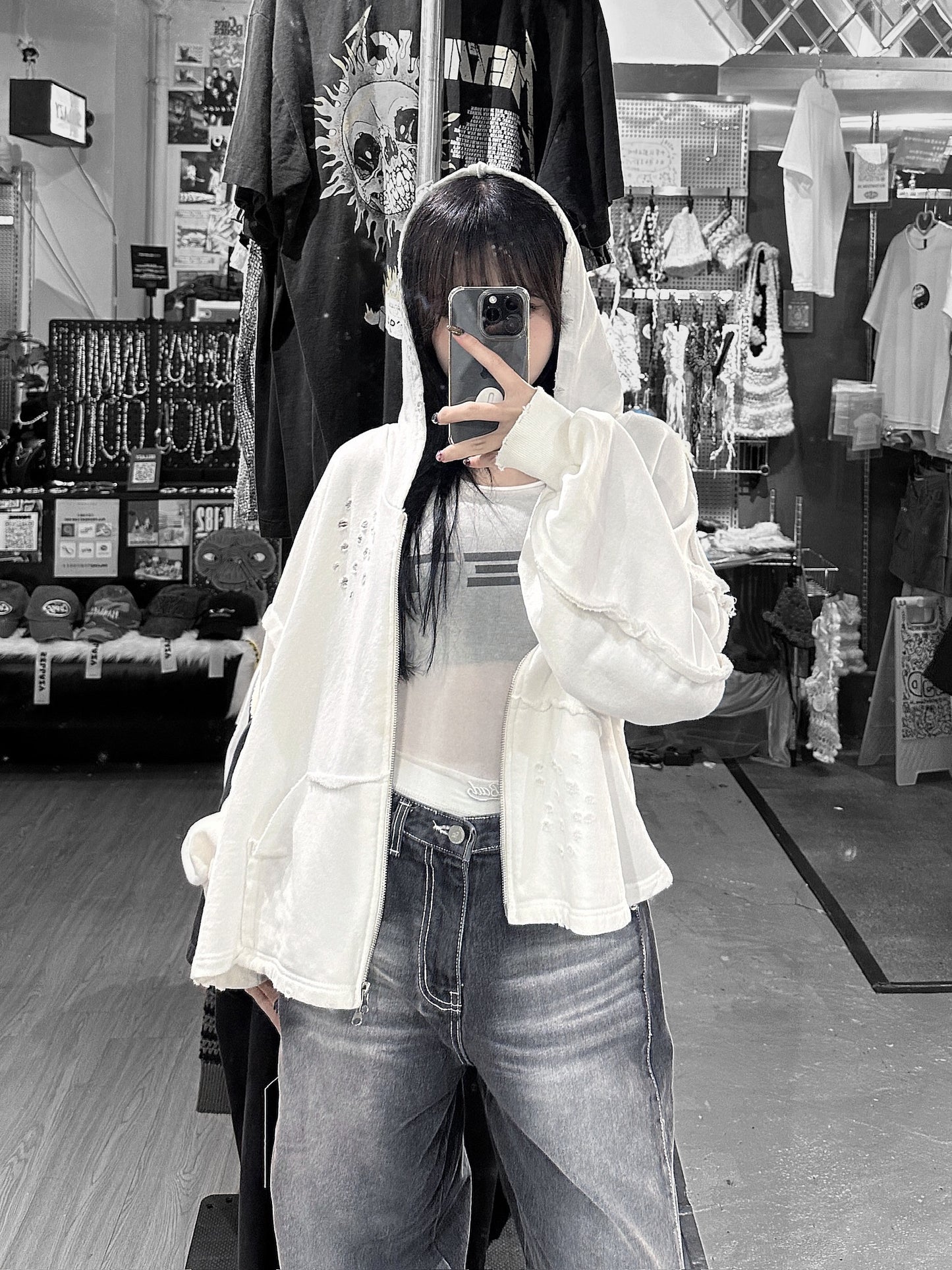 [unisex]磨爛邊雙拉鍊連帽衛衣