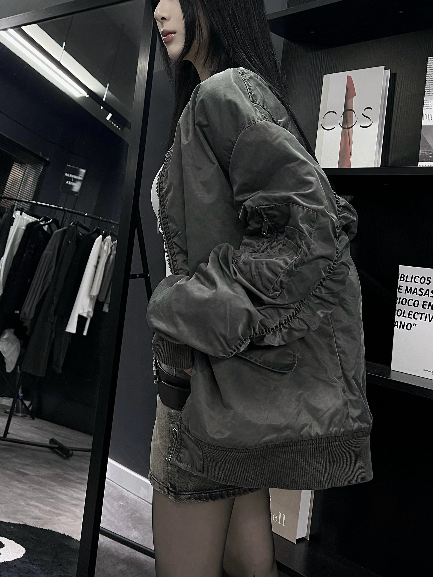 [ unisex ] 手袖皺摺造舊輪廓飛行員夾棉外套