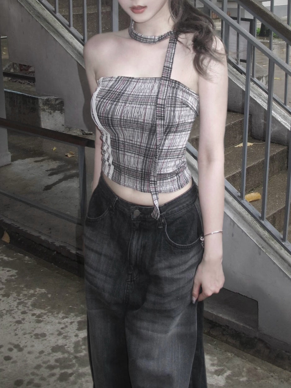 Checker print tube top with muffler