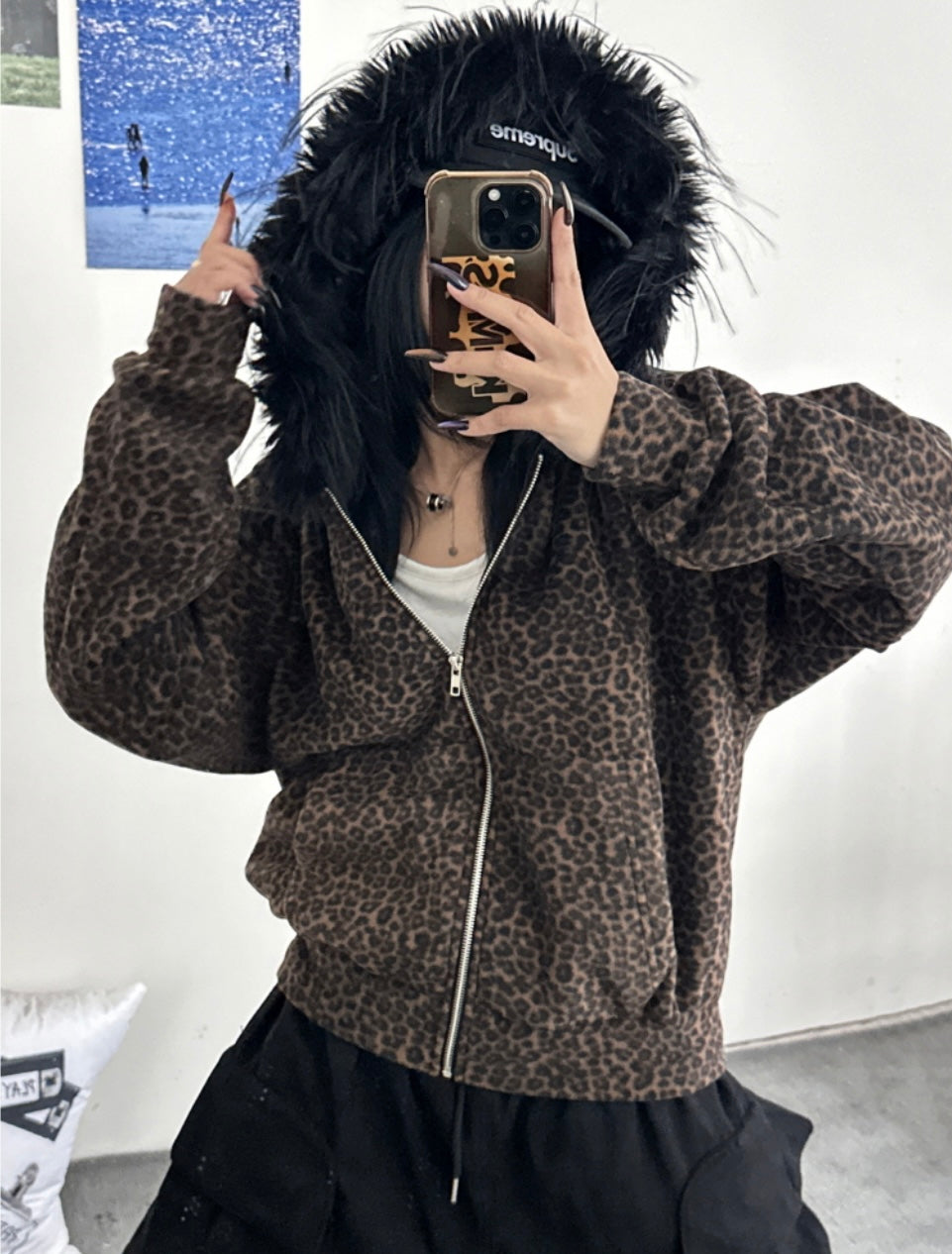 ‘AH AH’ leopard fur hoodie zip up