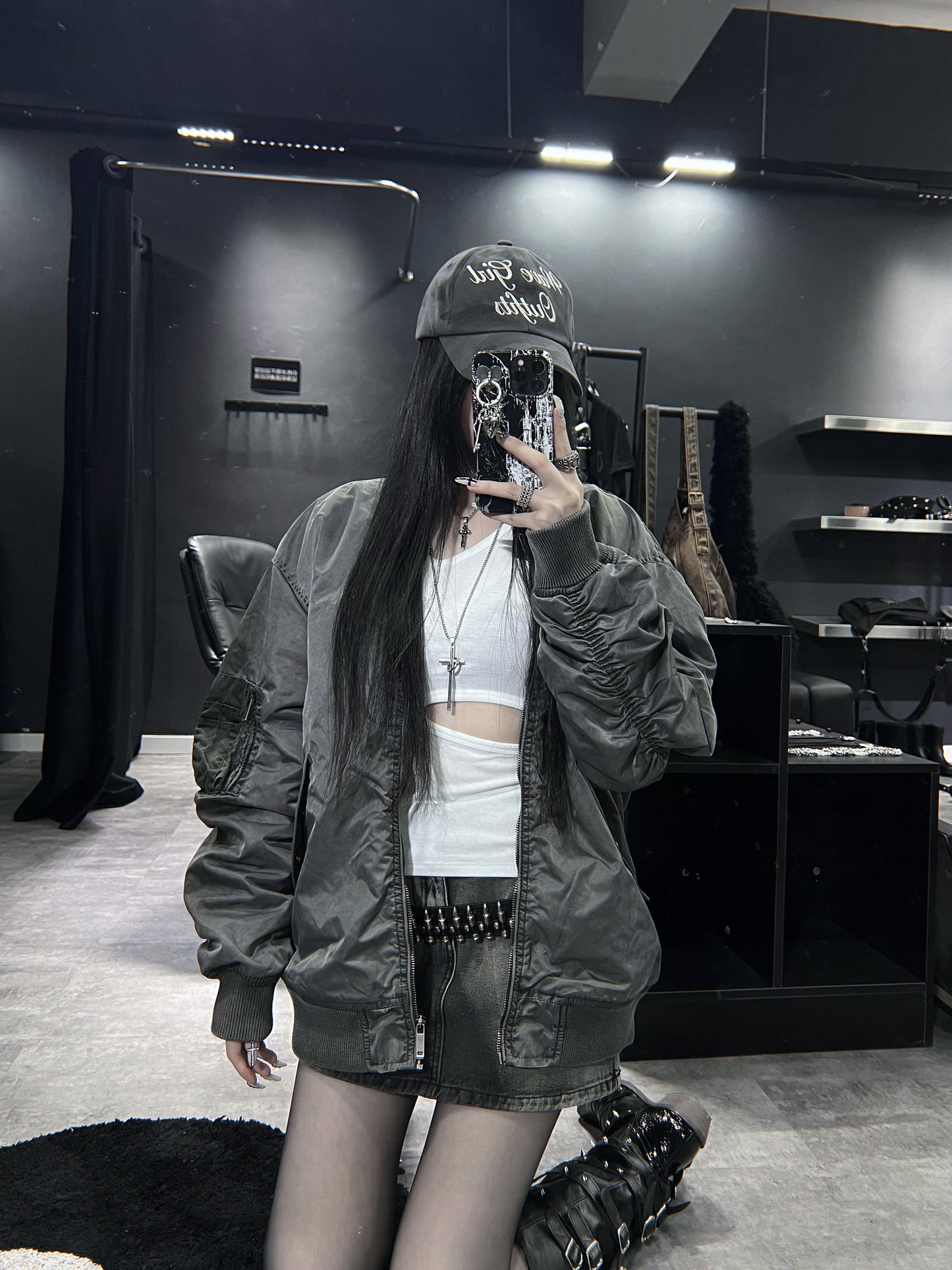 [ unisex ] 手袖皺摺造舊輪廓飛行員夾棉外套