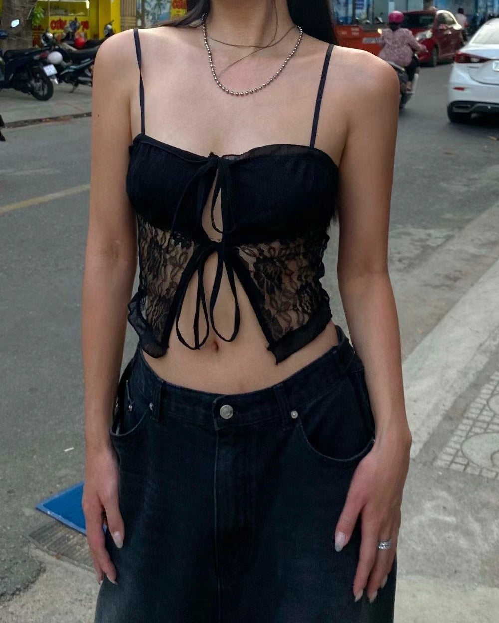 Ribbon lace fungus side tank top