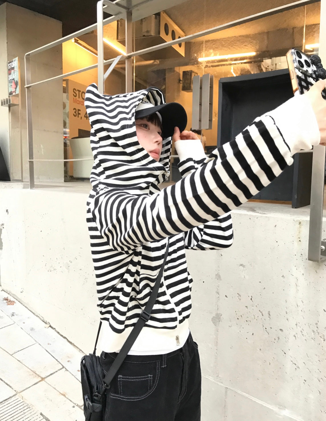 Cat ear stripe crop hoodie