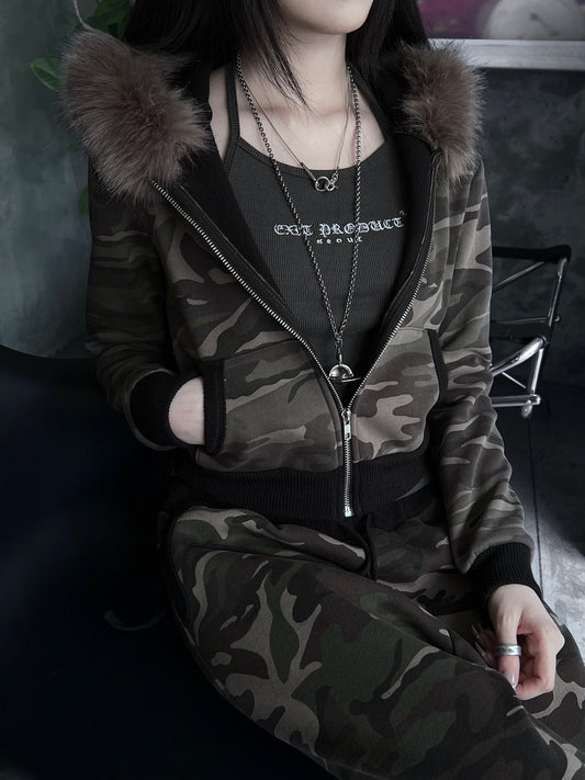 Camouflage fur cropped hoodie zip up