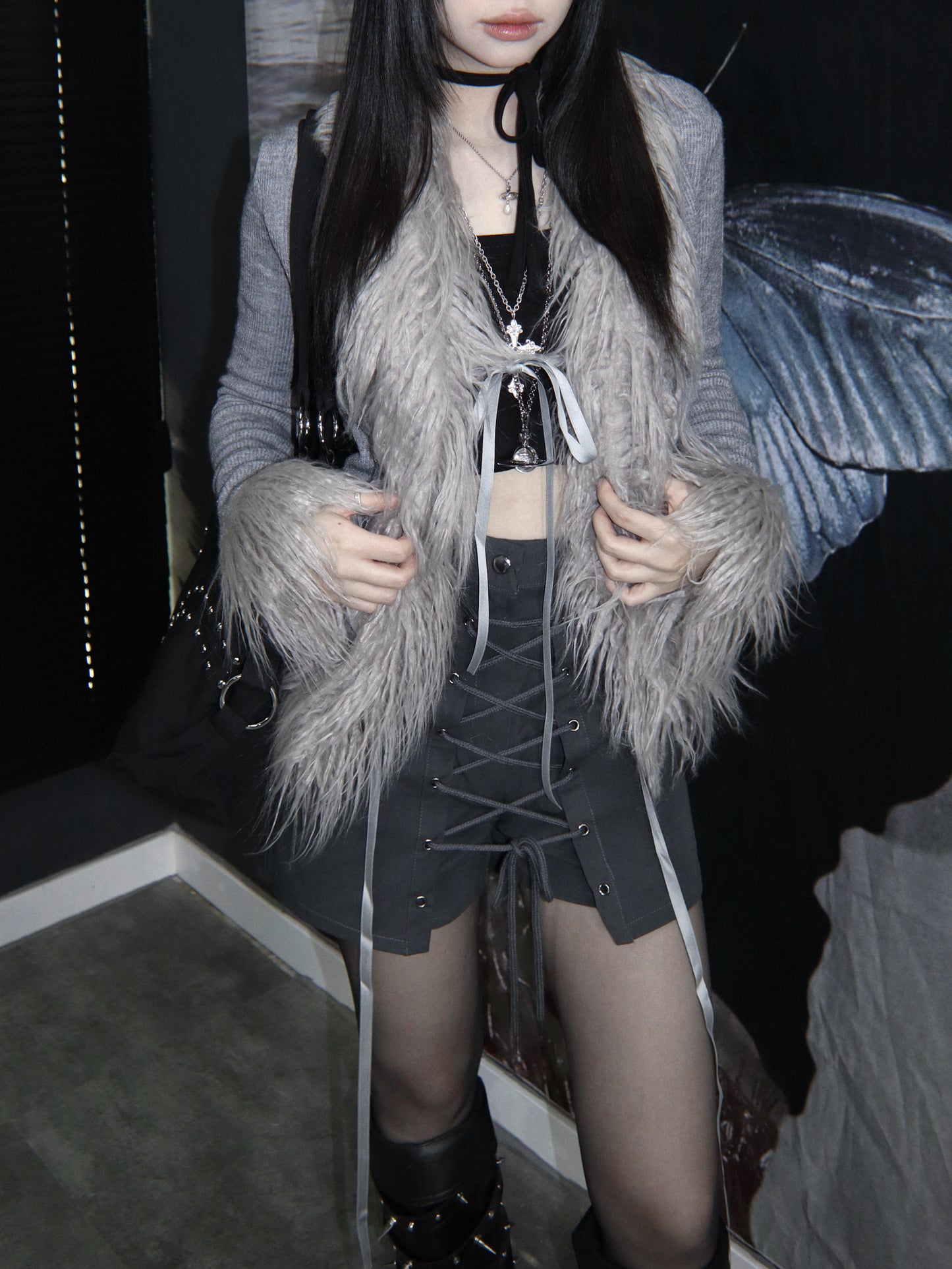 小眾設計毛絨絨綁帶針織外套