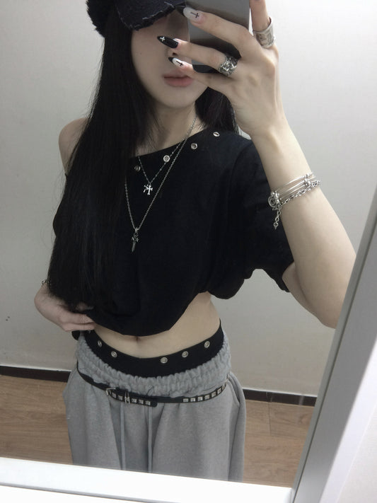 Eyelet off shoulder tee