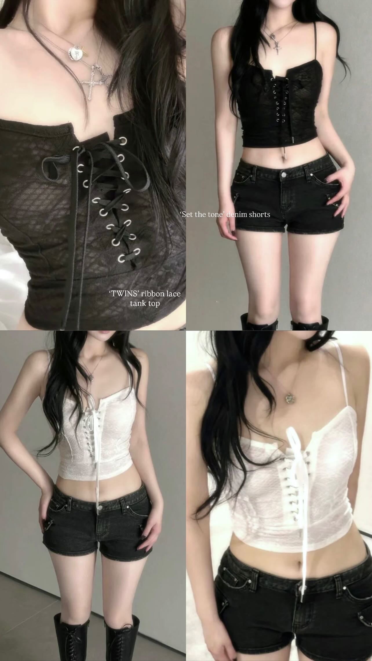 ‘TWINS’ ribbon lace tank top