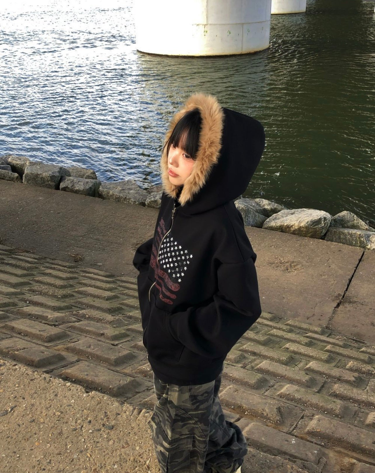 [unisex] American flag fur hoodie zip up