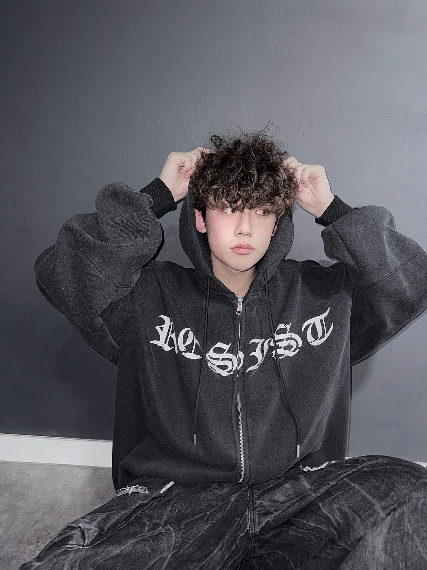 Old dirty washed hoodie zip up