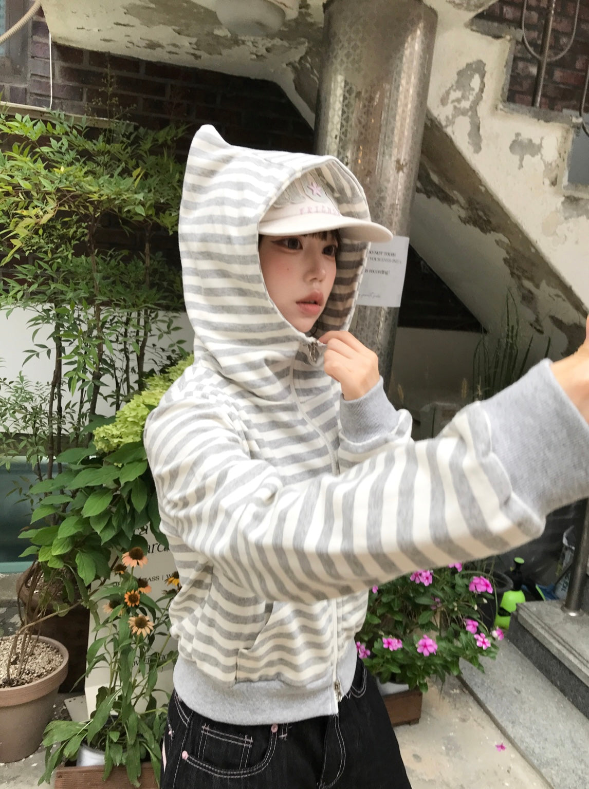Cat ear stripe crop hoodie